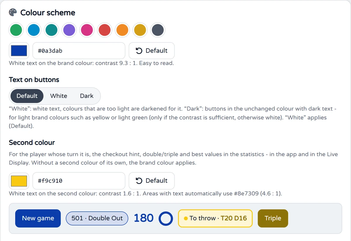 Admin area: colour scheme of a branding with brand colour, second colour and preview