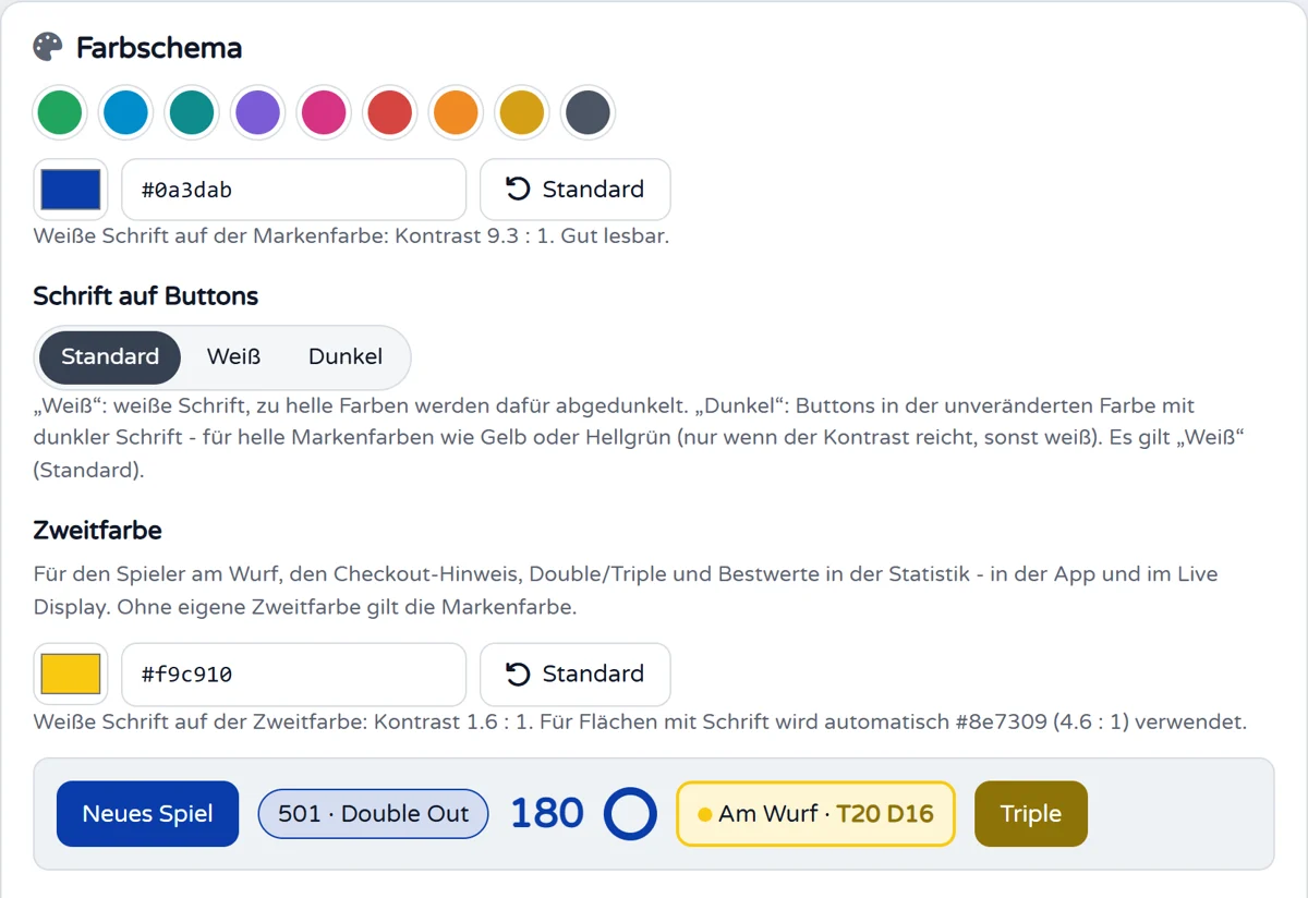 Adminbereich: Farbschema eines Brandings mit Markenfarbe, Zweitfarbe und Vorschau